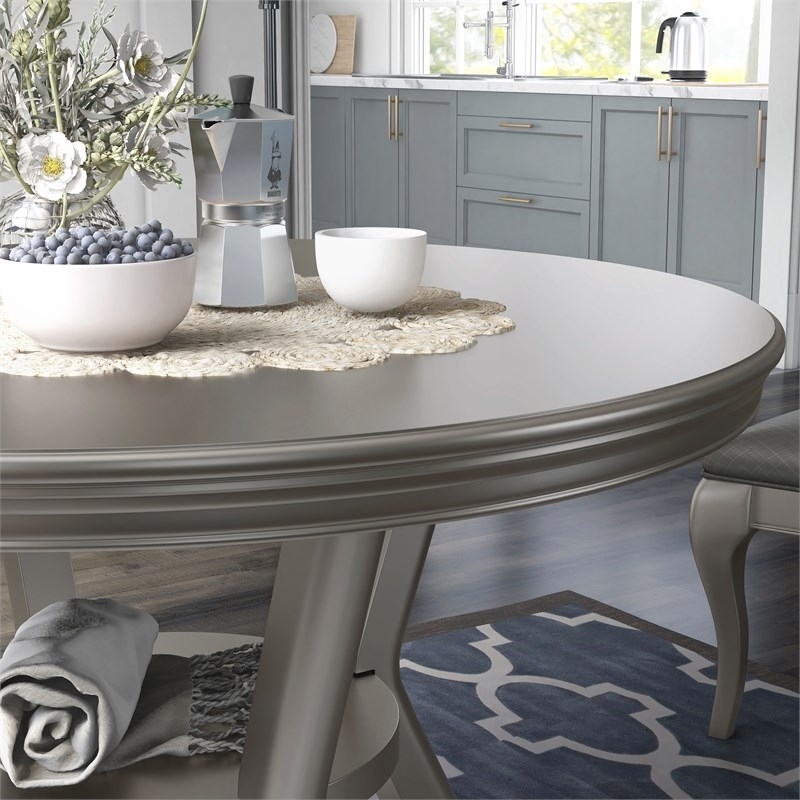 Bowery Hill Transitional Round Wood Dining Table in Silver