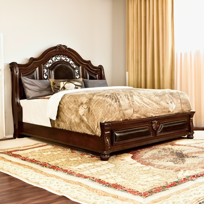 Bowery Hill Traditional Solid Wood Panel King Bed with Faux Leather in Cherry