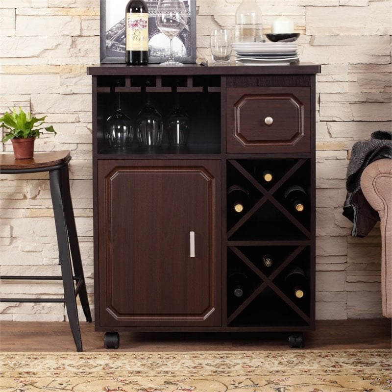 Bowery Hill Engineered Wood Multi-Storage Mobile Wine Bar Cabinet in Espresso