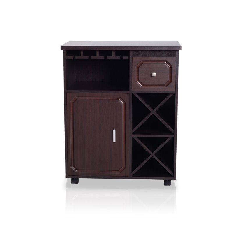 Bowery Hill Engineered Wood Multi-Storage Mobile Wine Bar Cabinet in Espresso