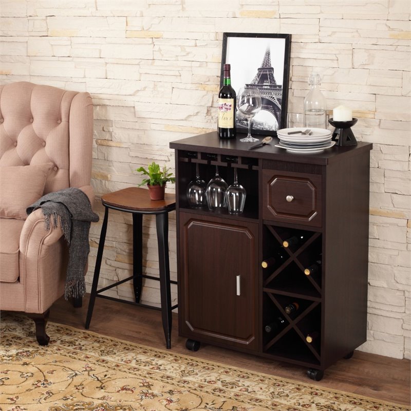 Bowery Hill Engineered Wood Multi-Storage Mobile Wine Bar Cabinet in Espresso