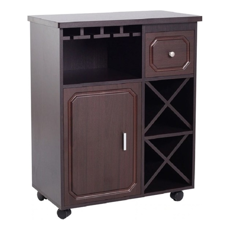 Bowery Hill Engineered Wood Multi-Storage Mobile Wine Bar Cabinet in Espresso