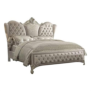 Bowery Hill Traditional Velvet Upholstered Queen Bed in Ivory