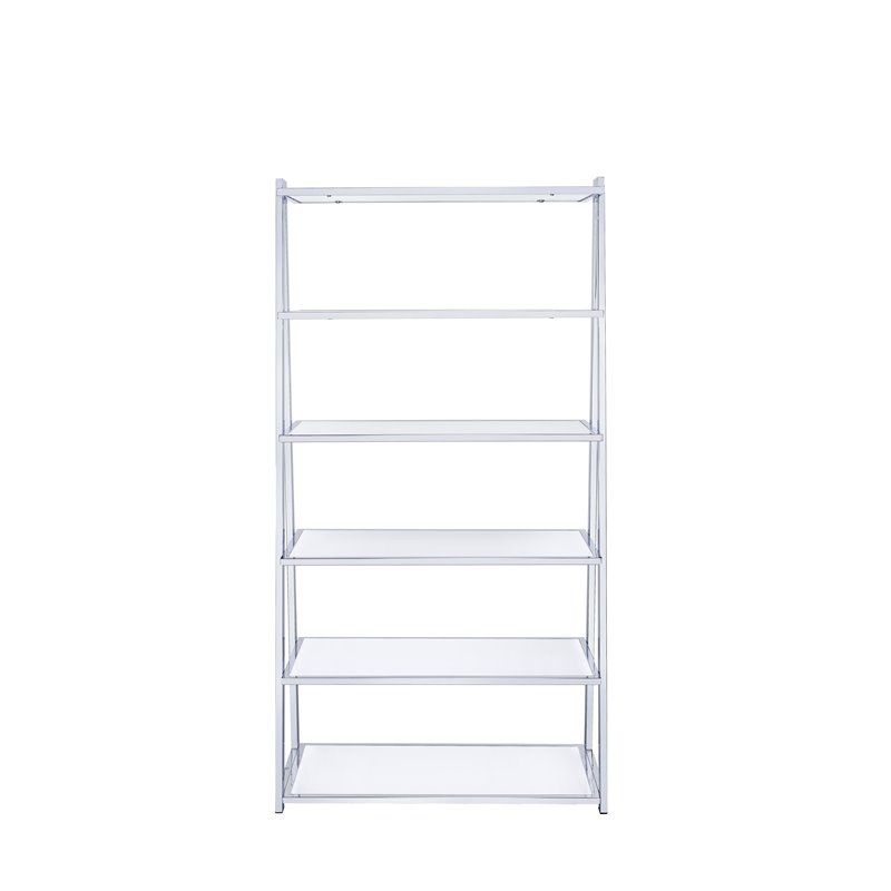 Bowery Hill Leaning Bookcase in White High Gloss and Chrome