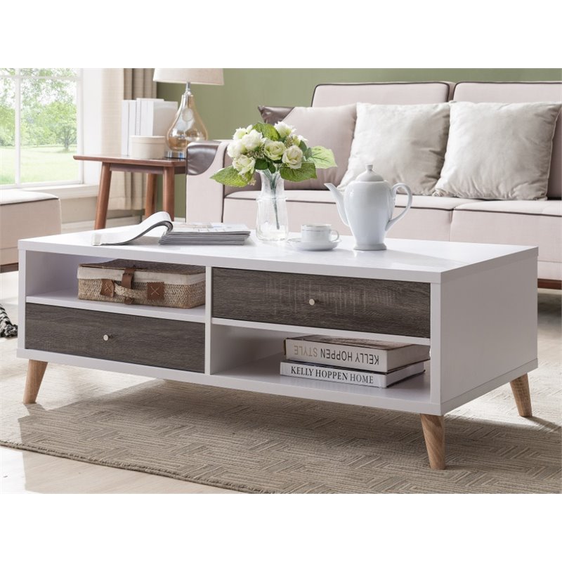 Bowery Hill Engineered Wood 2-Drawer Coffee Table in White and Dark Gray