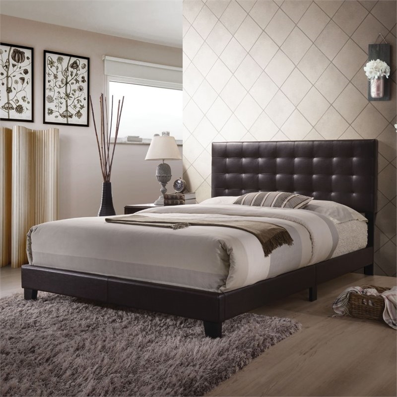 Bowery Hill Transitional Faux Leather Upholstered Queen Panel Bed in Espresso