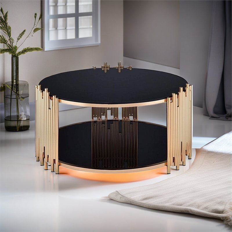 Bowery Hill Modern Round Glass Top Coffee Table in Black and Gold