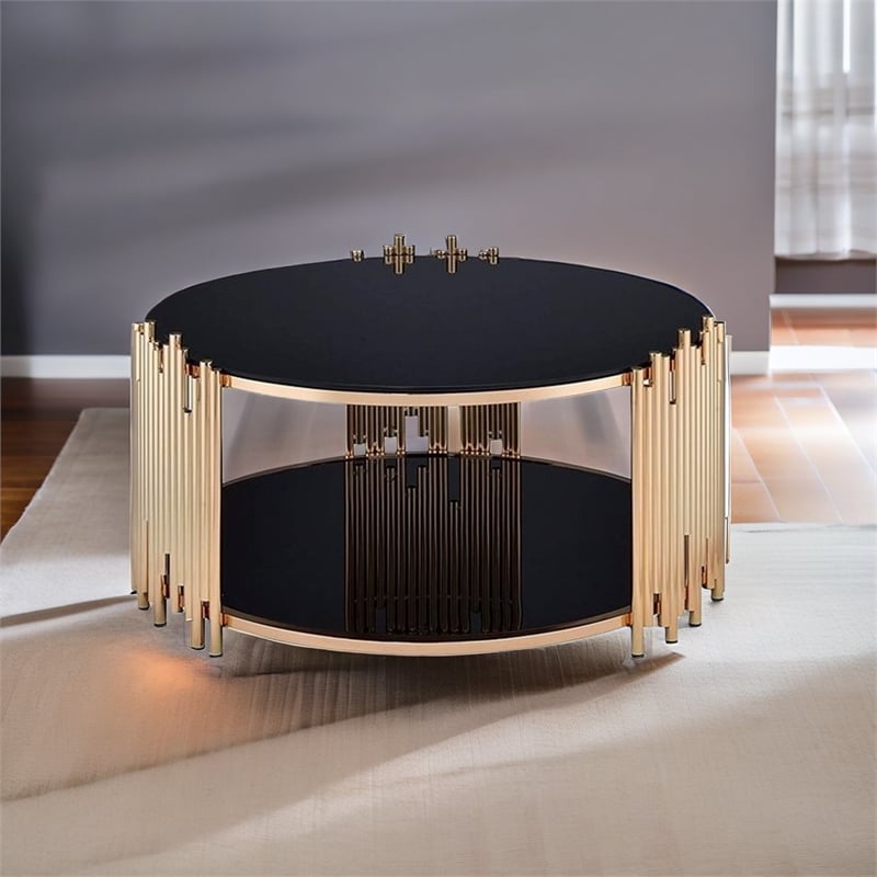 Bowery Hill Modern Round Glass Top Coffee Table in Black and Gold
