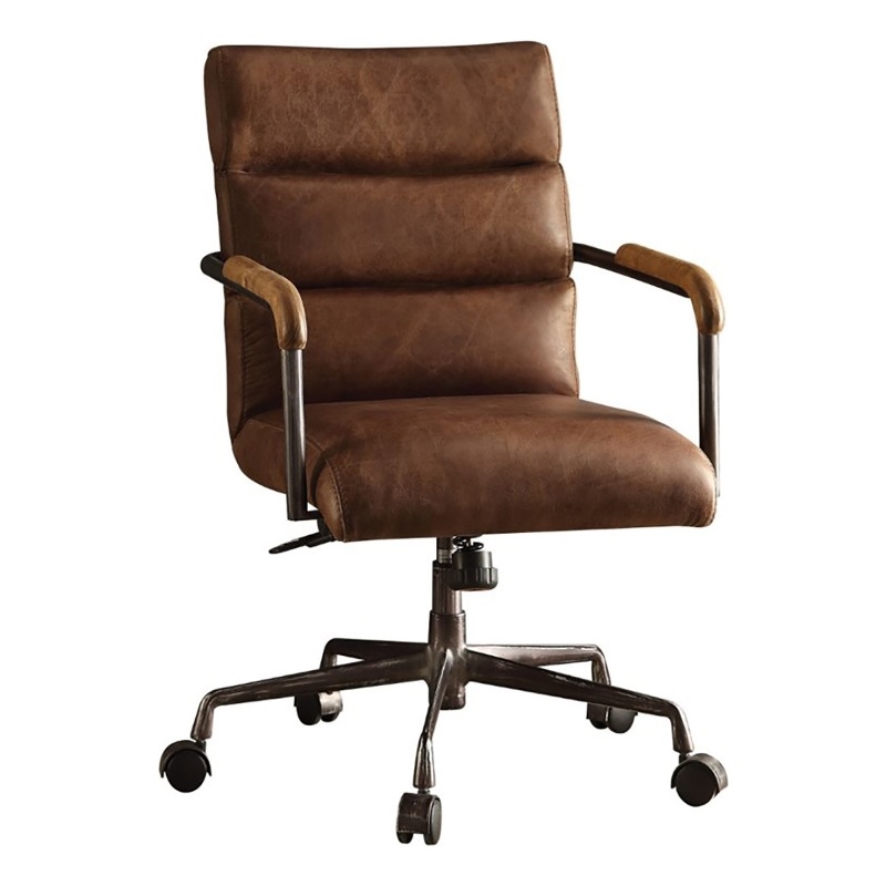 Bowery Hill Leather Swivel Office Chair with Armrests in Retro Brown