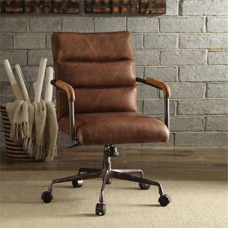 Bowery Hill Leather Swivel Office Chair with Armrests in Retro Brown