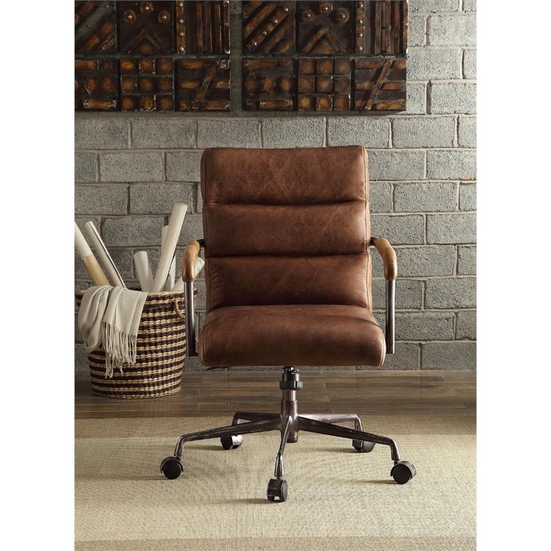 Bowery Hill Leather Swivel Office Chair with Armrests in Retro Brown