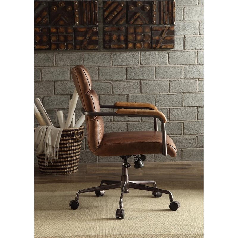 Bowery Hill Leather Swivel Office Chair with Armrests in Retro Brown