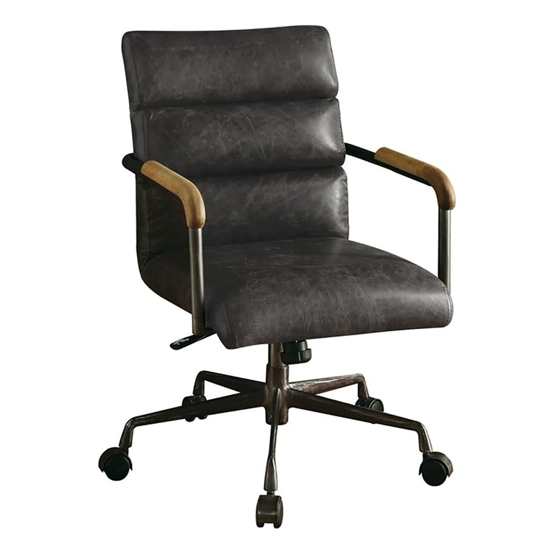 Bowery Hill Transitional Leather Swivel Office Chair in Antique Ebony Black