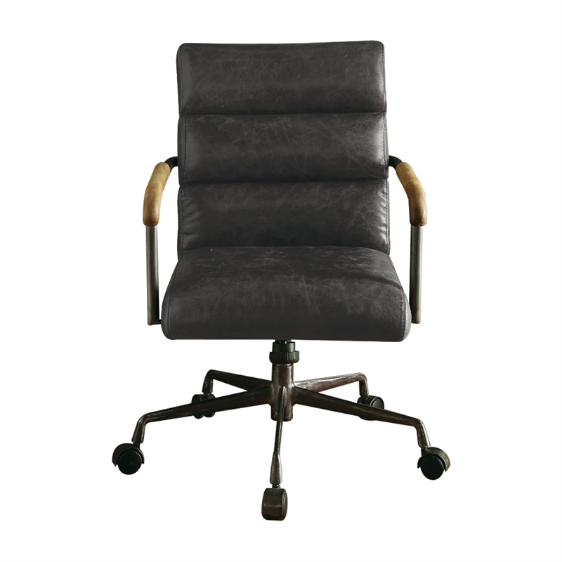 Bowery Hill Transitional Leather Swivel Office Chair in Antique Ebony Black
