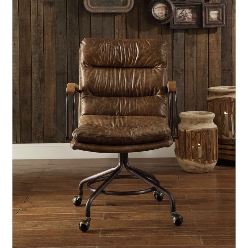 Bowery Hill Transitional Leather Swivel Office Chair in Vintage Whiskey Brown