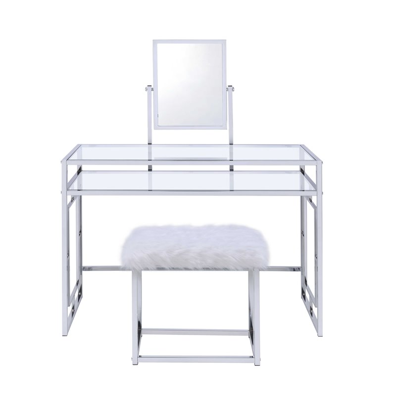 Bowery Hill Vanity and Stool in White and Chrome
