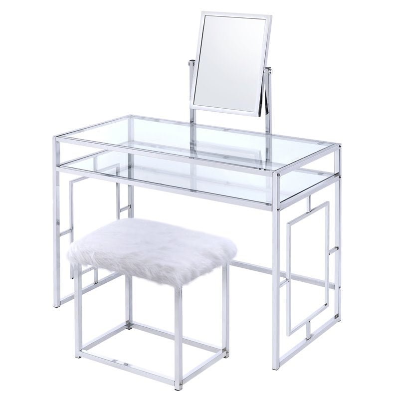 Bowery Hill Vanity and Stool in White and Chrome