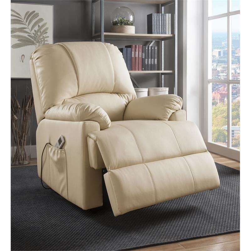 Bowery Hill Contemporary Faux Leather Power Lift and Massage Recliner in Beige