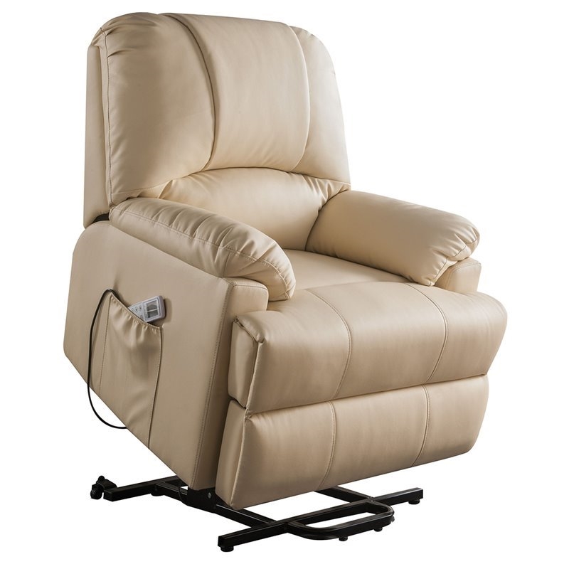 Bowery Hill Contemporary Faux Leather Power Lift and Massage Recliner in Beige
