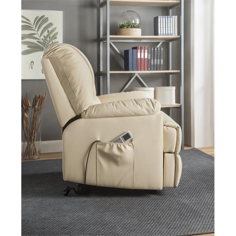 Bowery Hill Contemporary Faux Leather Power Lift and Massage Recliner in Beige