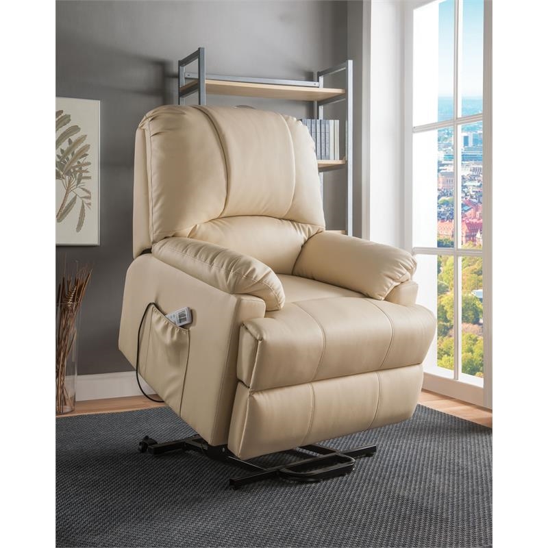 Bowery Hill Contemporary Faux Leather Power Lift and Massage Recliner in Beige