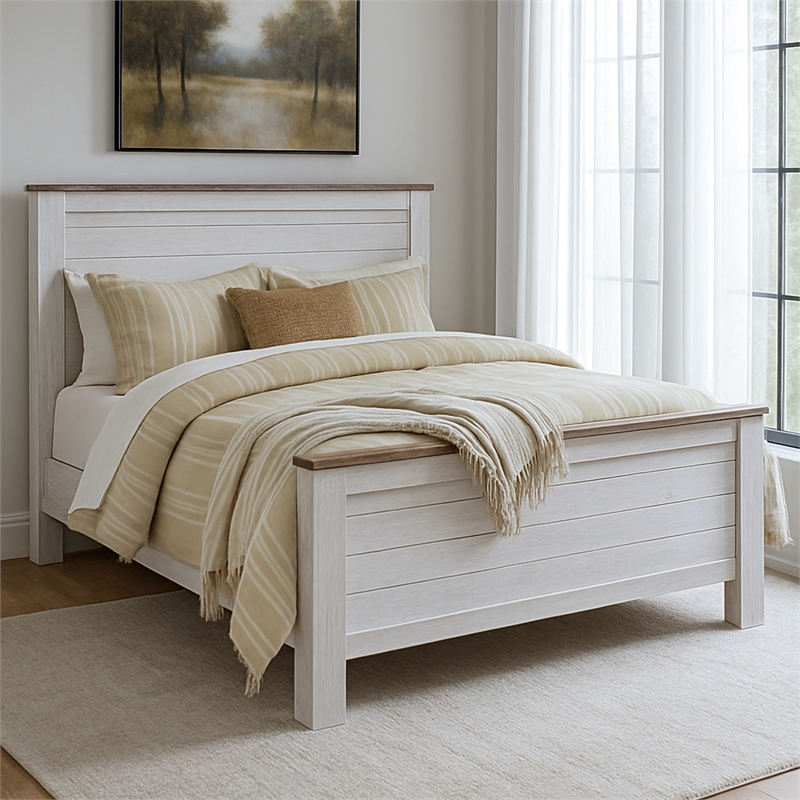 Bowery Hill Queen Size Panel Bed in Wood in White - Easy Assembly