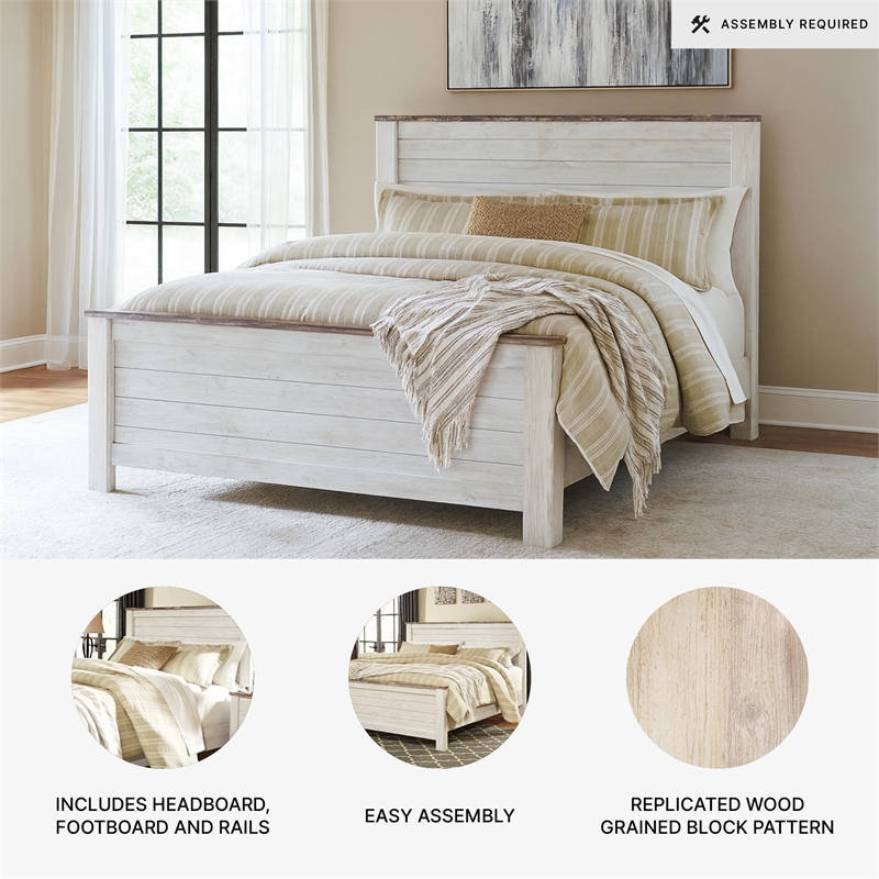 Bowery Hill Queen Size Panel Bed in Wood in White - Easy Assembly