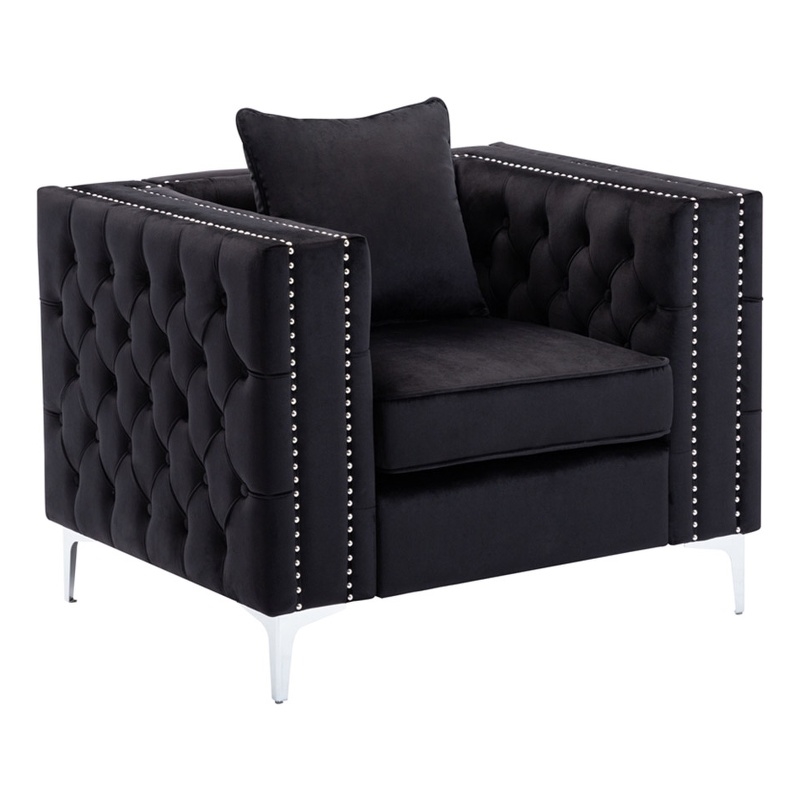 Bowery Hill 19'' Contemporary Velvet Button Tufted Accent Chair in Black