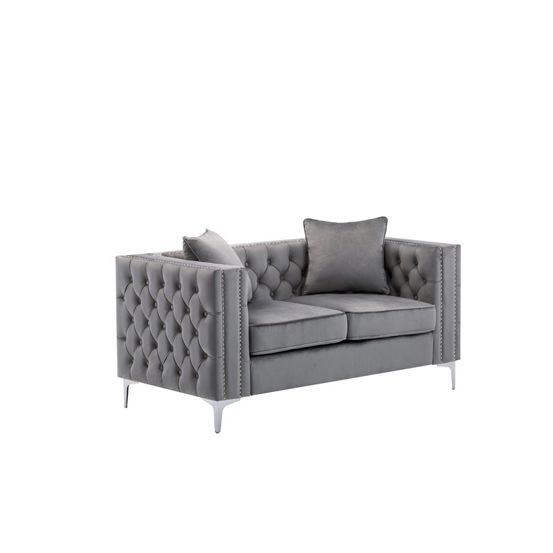 Bowery Hill Contemporary Velvet Button Tufted Loveseat in Gray