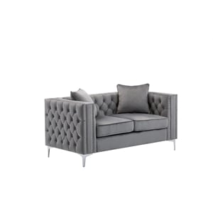 Bowery Hill Contemporary Velvet Button Tufted Loveseat in Gray