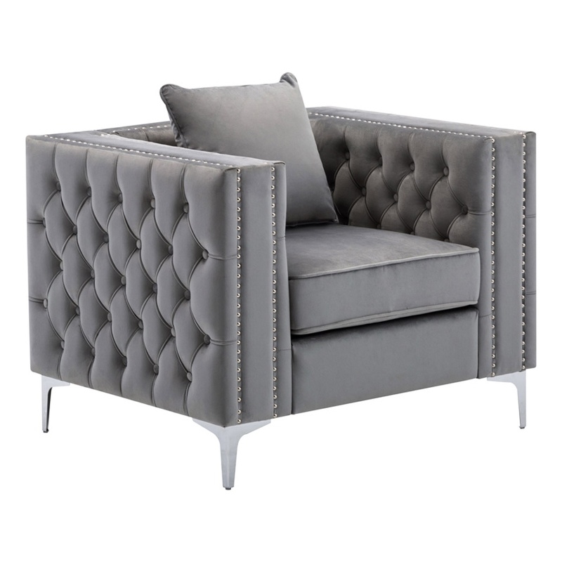 Bowery Hill 19'' Contemporary Velvet Button Tufted Accent Chair in Gray