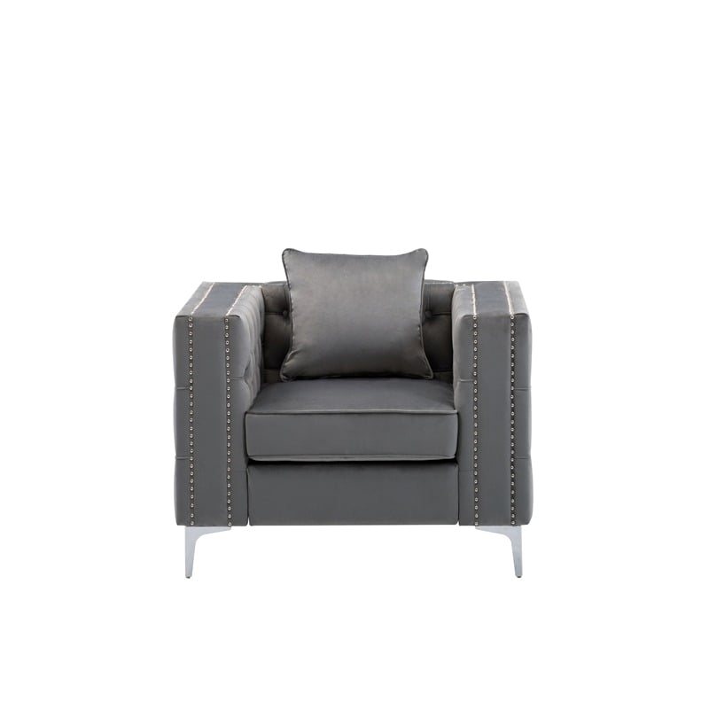 Bowery Hill 19'' Contemporary Velvet Button Tufted Accent Chair in Gray