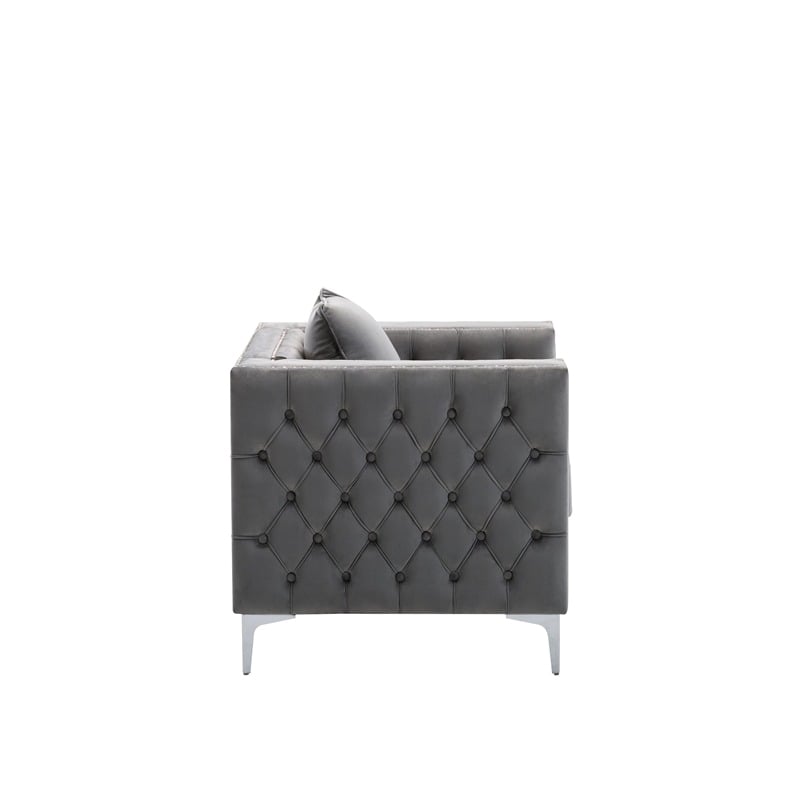 Bowery Hill 19'' Contemporary Velvet Button Tufted Accent Chair in Gray