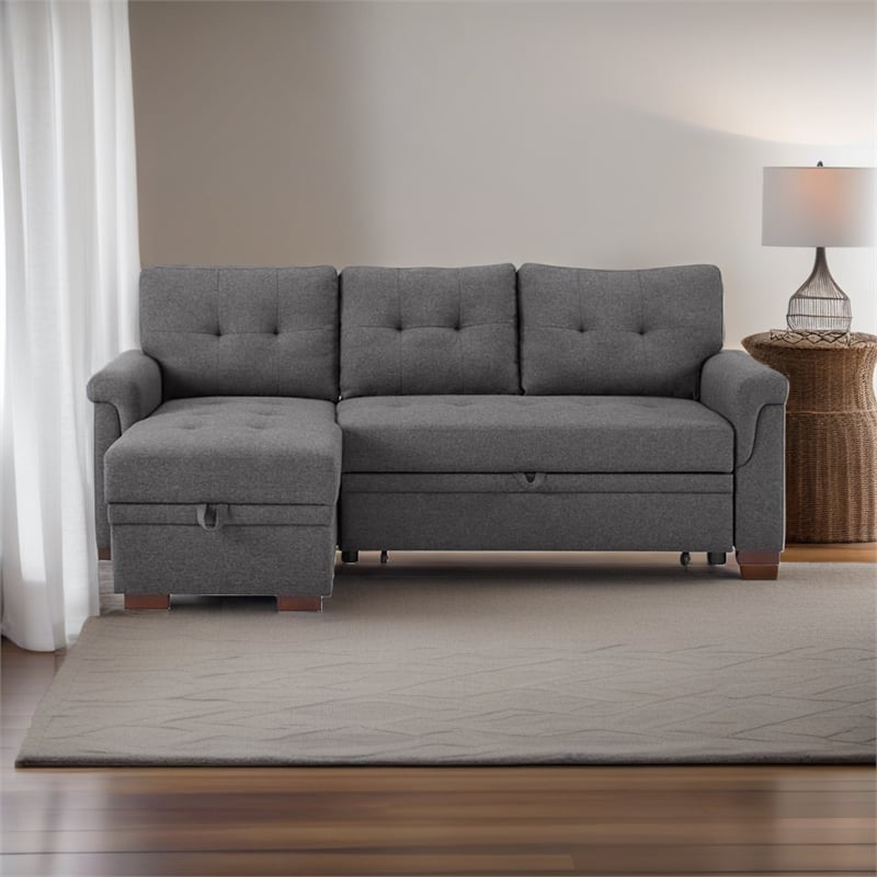 Bowery Hill Fabric Reversible/Sectional Modern Sleeper Sofa with Storage in Gray