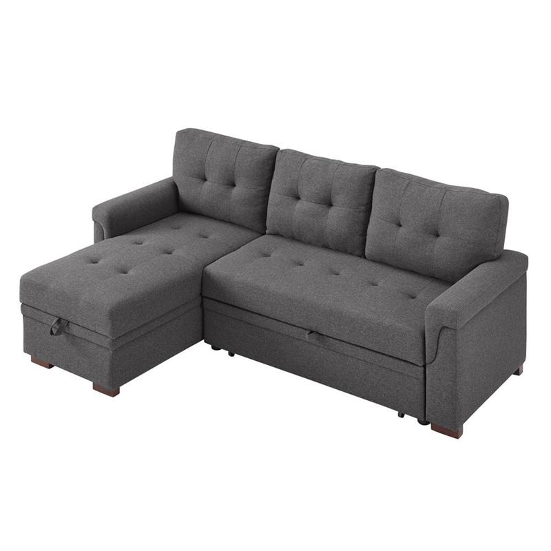 Bowery Hill Steel Gray Linen Reversible, Reversible Sectional Sleeper Sofa Leather