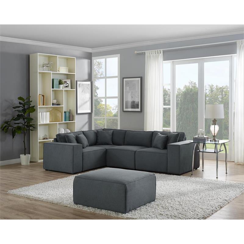 Bowery Hill Melrose Modular Sectional Sofa with Ottoman in Dark Gray Linen