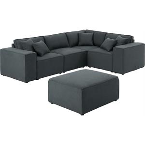 Bowery Hill Melrose Modular Sectional Sofa with Ottoman in Dark Gray Linen