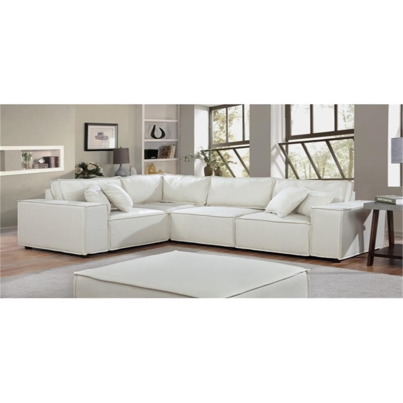 Bowery Hill Melrose Modular Sectional Sofa with Ottoman in Beige Linen