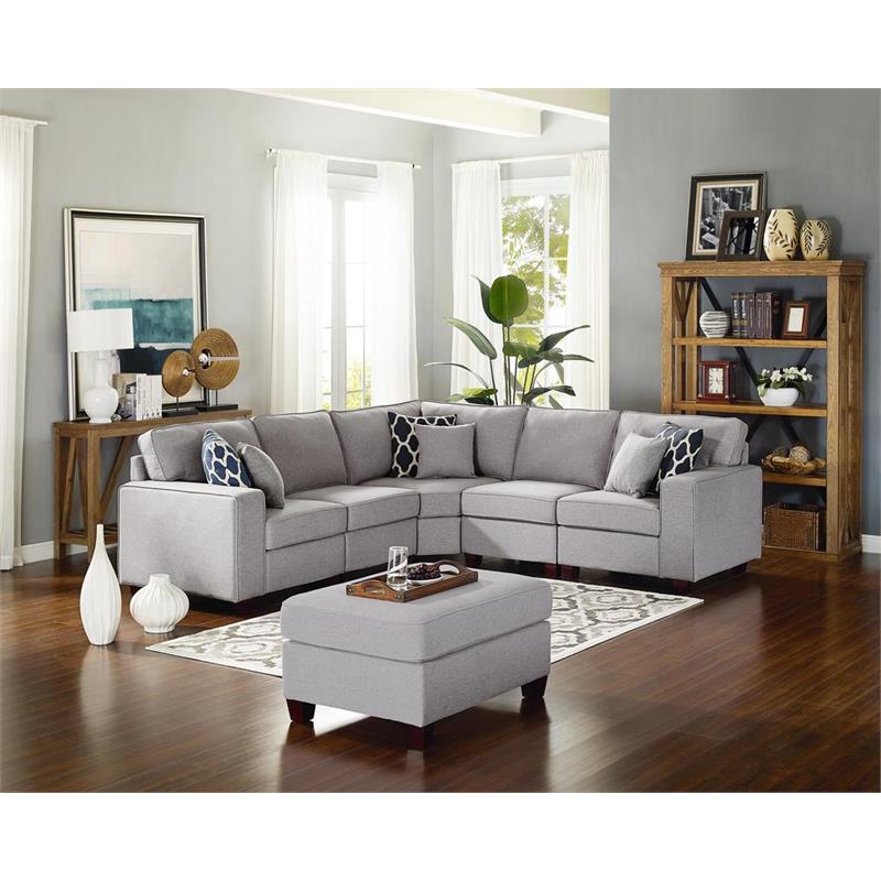 bowery hill sonoma 6pc modular sectional sofa with ottoman in light gray linen