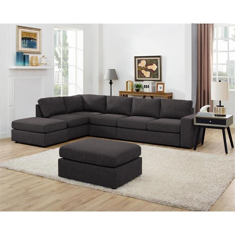 Bowery Hill Cassia Modular Sectional Sofa with Ottoman in Dark Gray Linen