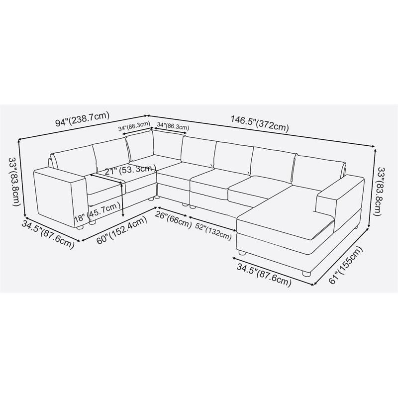 Bowery Hill Contemporary Fabric 7 Seat Reversible Sectional Sofa Chaise in Gray