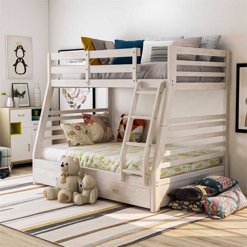 Bowery Hill Transitional Wood Twin over Full Storage Bunk Bed in Brushed White