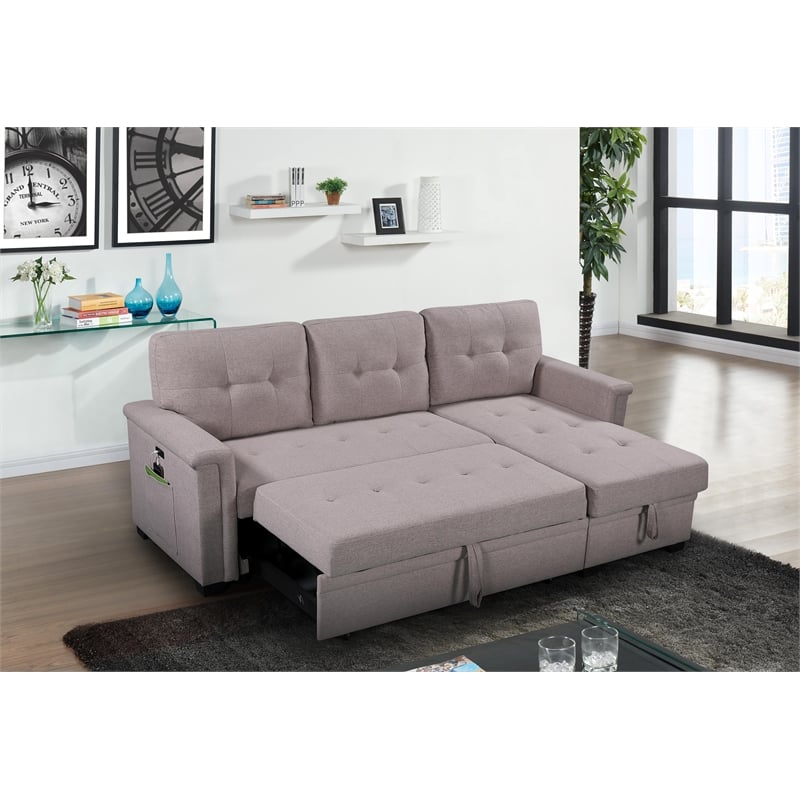 Bowery Hill Light Gray Reversible Sleeper Sofa Storage Chaise USB Charging Port