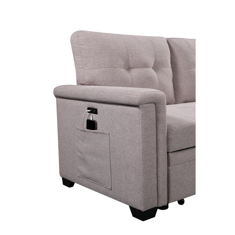 Bowery Hill Light Gray Reversible Sleeper Sofa Storage Chaise USB Charging Port