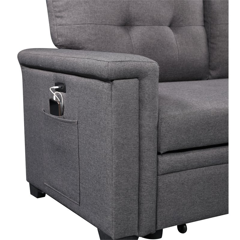 Bowery Hill Fabric Gray Reversible Sleeper Sofa Storage Chaise with USB Ports