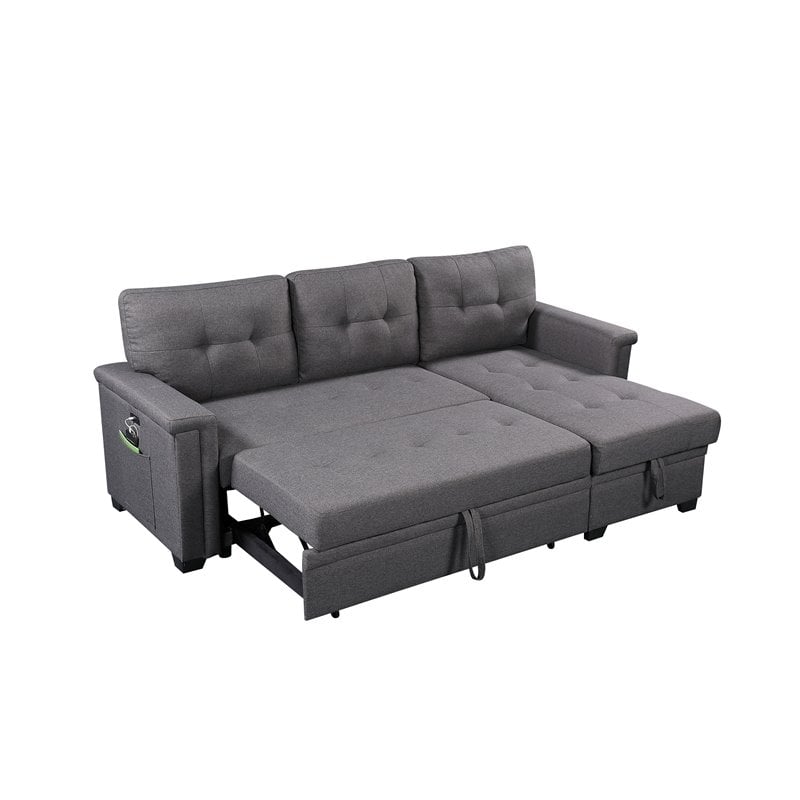 Bowery Hill Fabric Gray Reversible Sleeper Sofa Storage Chaise with USB Ports