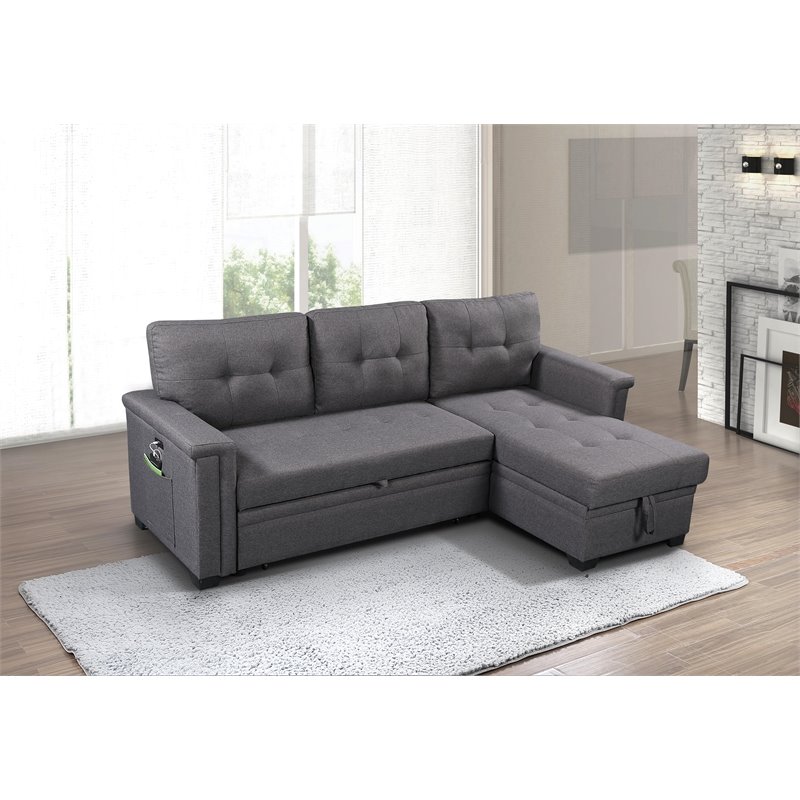 Bowery Hill Fabric Gray Reversible Sleeper Sofa Storage Chaise with USB Ports
