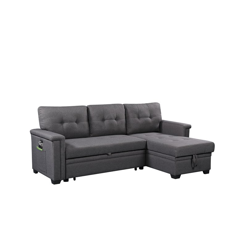 Bowery Hill Fabric Gray Reversible Sleeper Sofa Storage Chaise with USB Ports