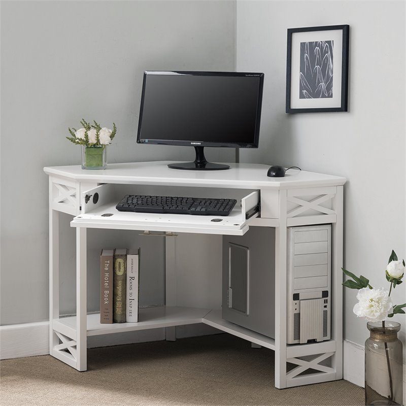 Bowery Hill Solid Wood Corner Computer Office Desk in White