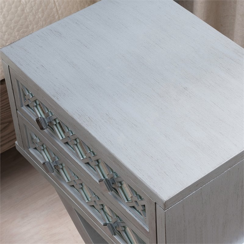 Bowery Hill Diamond Mirrored 2-Drawers Accent End Table in Silver Leaf